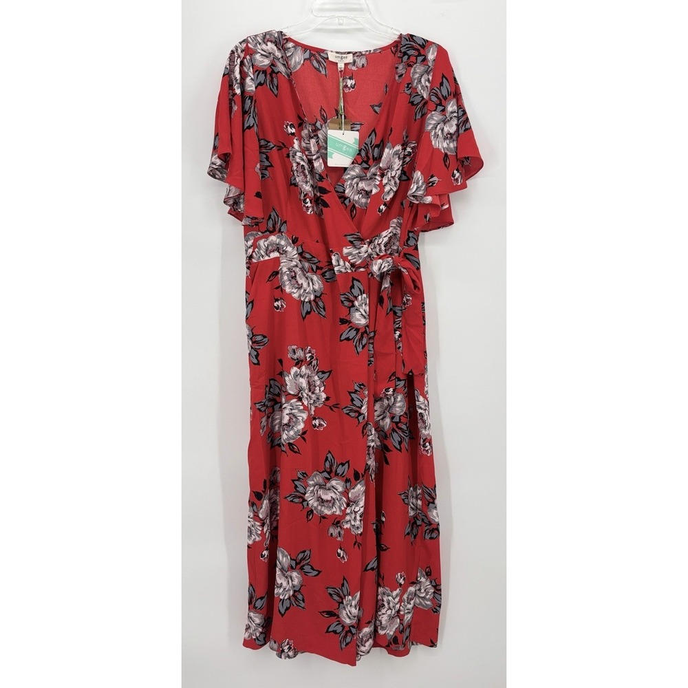 Umgee Floral Wrap Jumpsuit‎ Size Large Red Wide Leg Tie Waist Ruffle Sleeve NWT